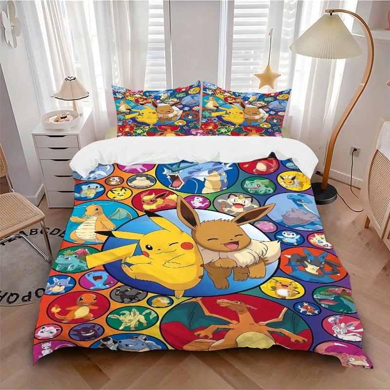 3pcs Eevee Circular & Pokemon Pikachu Quilt Cover Set (1 Quilt Cover + 2 Pillowcases Without Pillow Core), High-Definition Printing for Home and