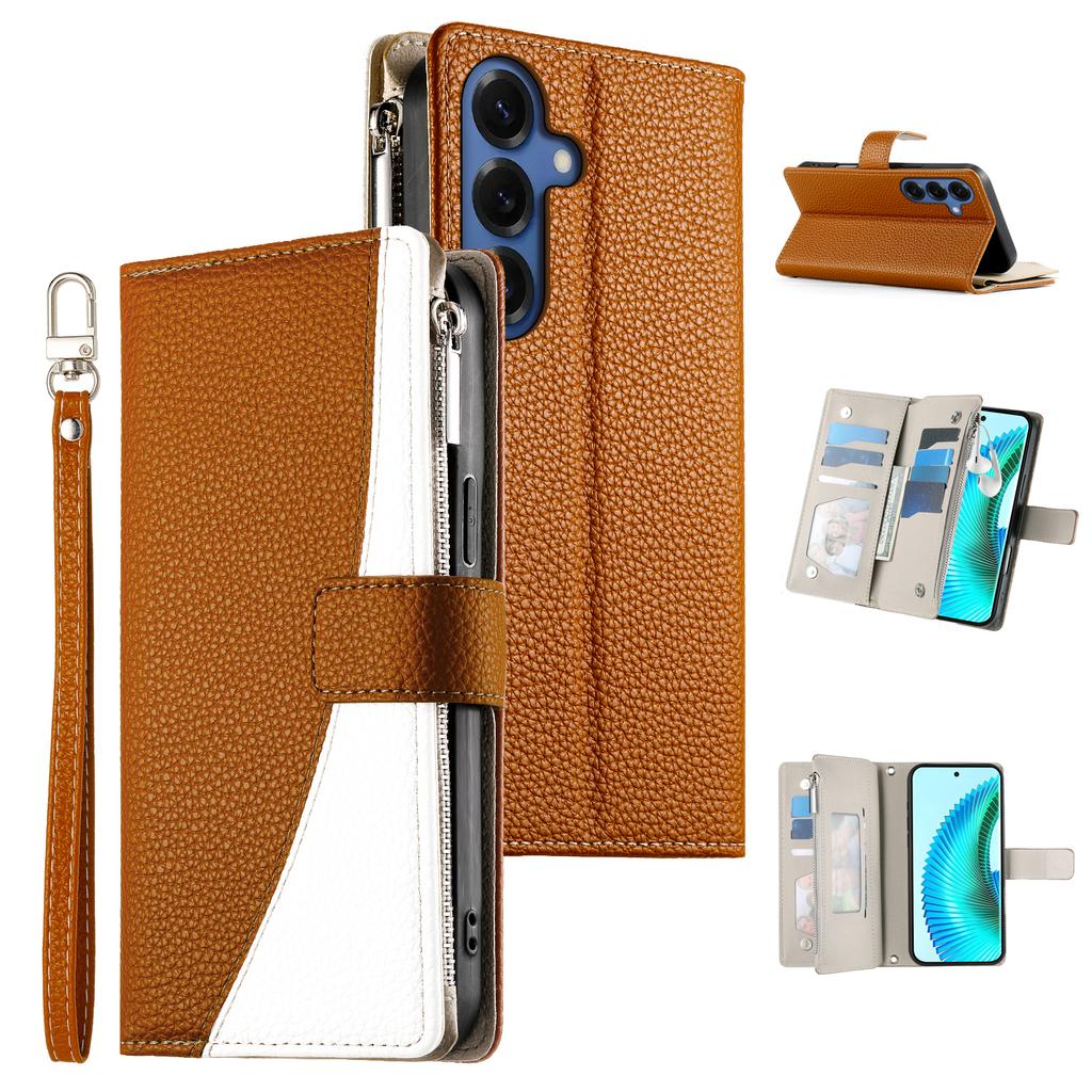 For Samsung Galaxy S26 Case Zipper Wallet Color Splicing Leather Flip Phone Cover with Straps