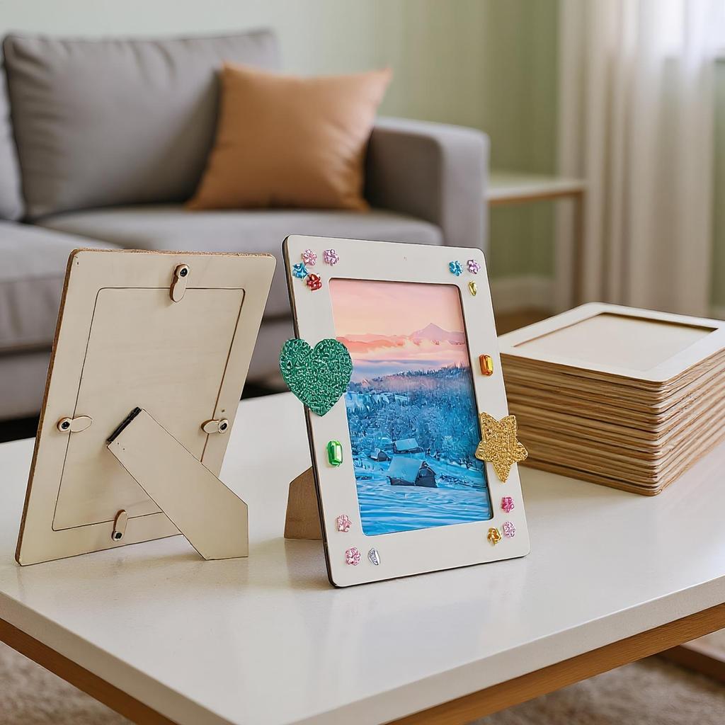 8pcs/set Wooden Picture Frame Set Unfinished DIY Photo Frame with Stickers Painting Tools Color Rhinestone Stickers for Kid