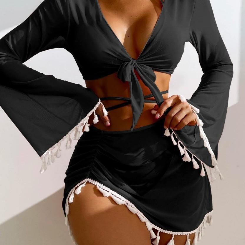 1011 new European and American conservative four-piece set solid color fringed blouse mesh skirt bikini swimsuit women