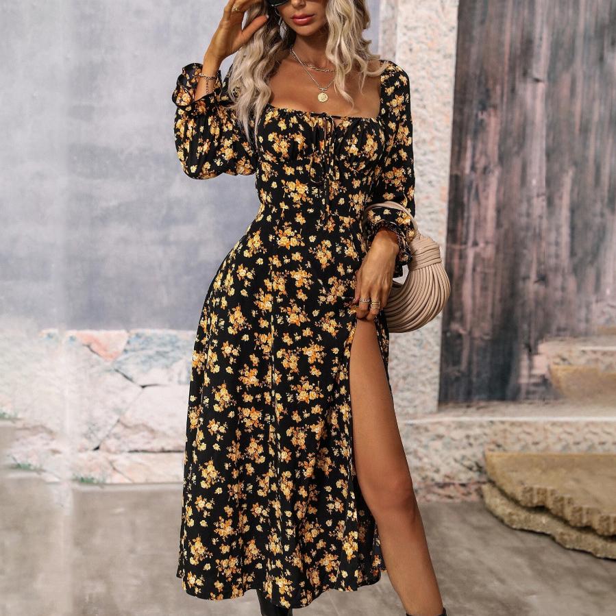 Women Autumn Winter Long Sleeve Flower Print Square Neck Casual A-Line Ankle-Length High Waist Dress