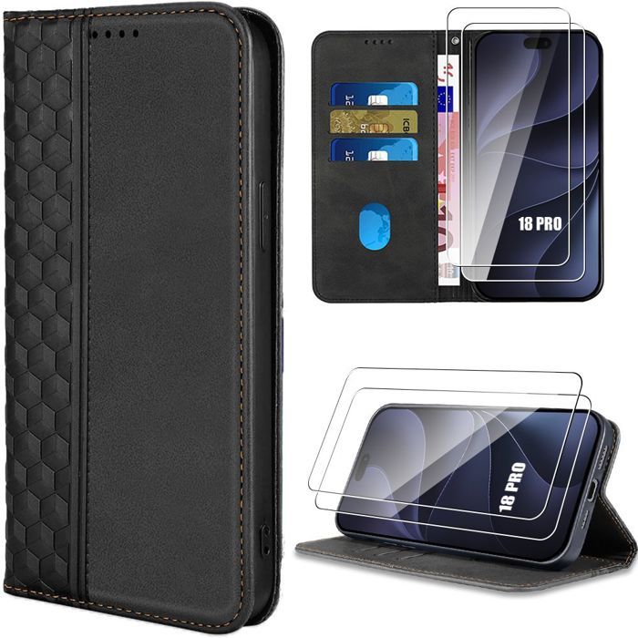 Coque + 2 Verres Trempés pour iPhone 18 Pro, Cuir Synthétique Anti-Rayures Motif Mosaïque Noir