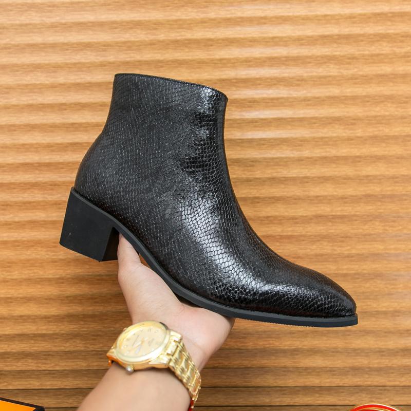 Весенние ботинки-казаки до щиколотки из змеиной кожи с принтом для мужчин, для шоу, вечеринок, мотоциклетные, короткие, увеличивающие рост, платья, социальные сапатос