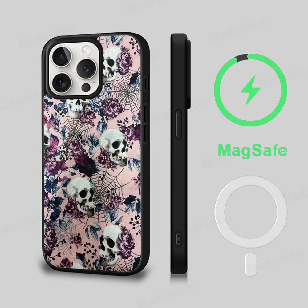 Жуткие узоры в виде черепов Чехол для телефона Магнитный чехол Для IPhone 16 14 13 12 11 15 Pro Max Plus Для Magsafe Беспроводная зарядка Чехол
