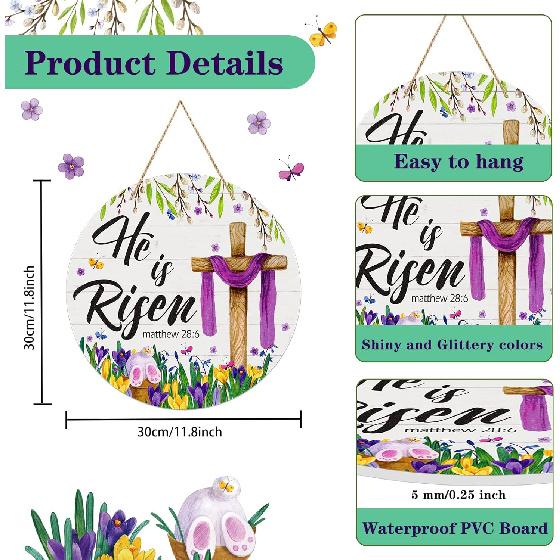 FaCraft He is Risen Decor Sign - Easter Wreath for Front Door, Religious Cross Door Decoration, Farmhouse Floral Hanger for Home, Porch, Wall, Spring