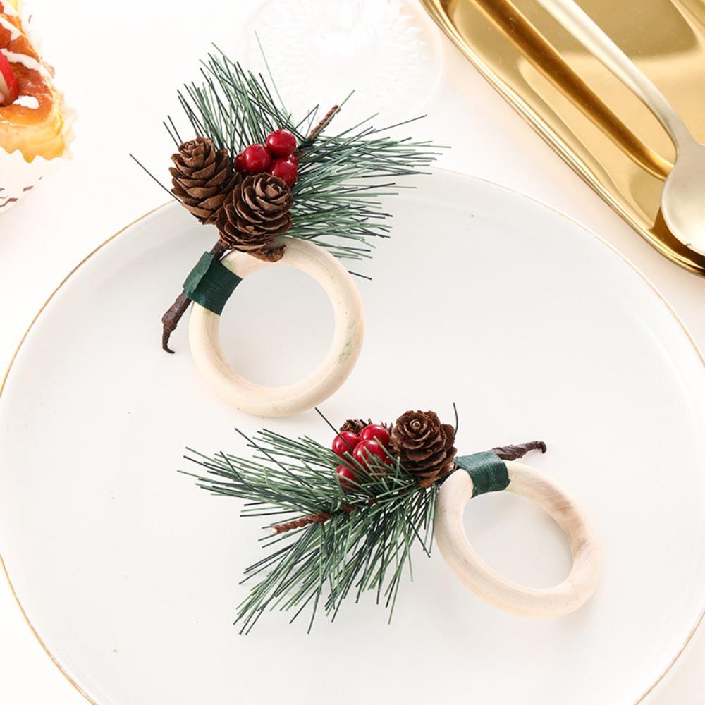 6pcs Artificial Napkin Holder Wooden Napkin Buckle Christmas Pine Needle Napkin Ring Kitchen