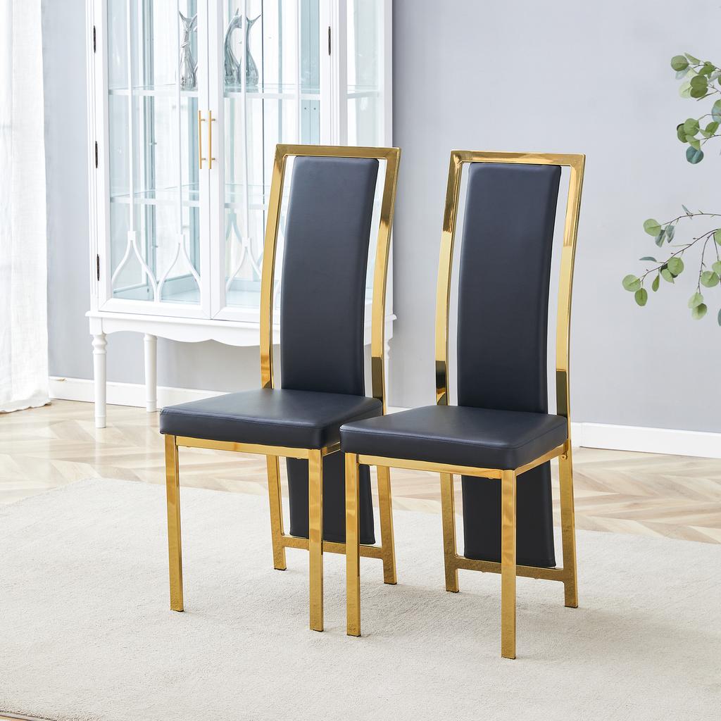[Set of 2] European minimalist dining chairs with gold edge. Black PU leather + gold-glossy metal frame, 109 cm high, for versatile use.
