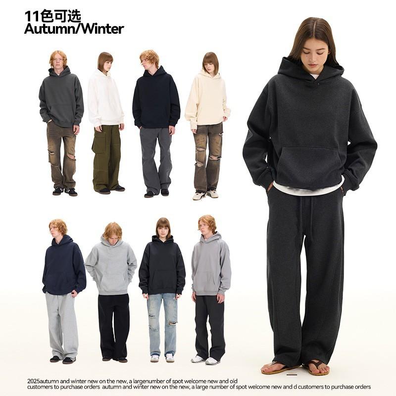 Unisex Thick Fleece-Lined Hooded Sweatshirt 500G Air Layer Warm Winter Pullover Casual Loose Fit Cotton Blend