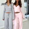 V Neck Slim Fit Tops Women Sweatshirt Pants 2-Piece Set, Top & High Solid Color Lounge Outfits Waisted Wide Leg Trousers, Outfit for Spring