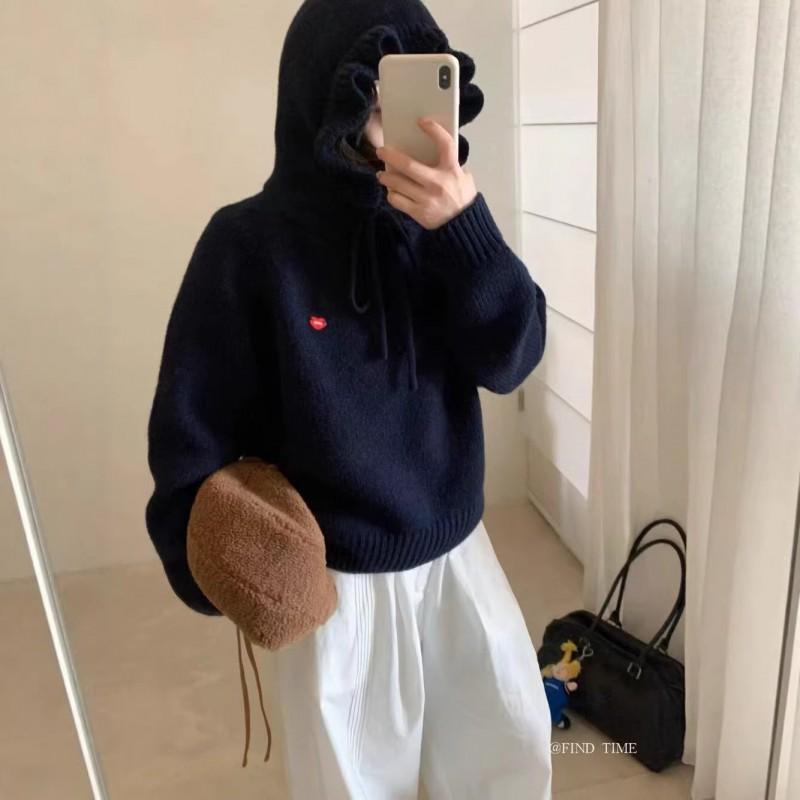 Womens Oversized Hooded Knit Sweater Loose Fit Soft Warm Pullover 2026 Casual Korean Style