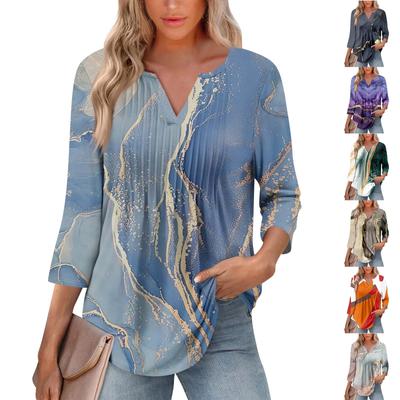 Женская модная повседневная плиссированная футболка с V-образным вырезом и рукавом семь четвертей