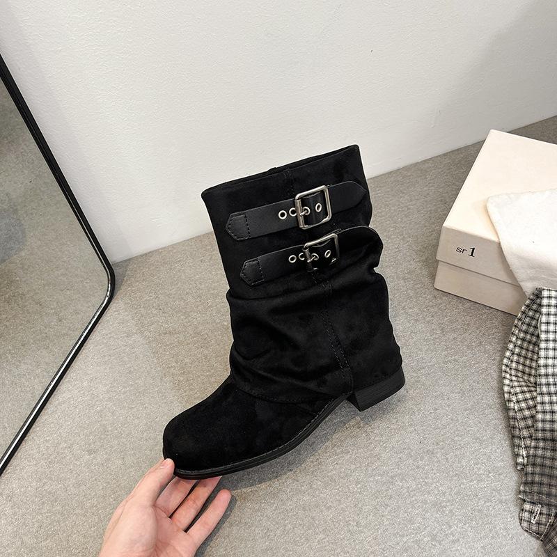 2025 новые плиссированные ботфорты на толстом каблуке с пряжкой-ремнем, с широким голенищем, женские ботинки, летние популярные суперхит ботинки-трубы