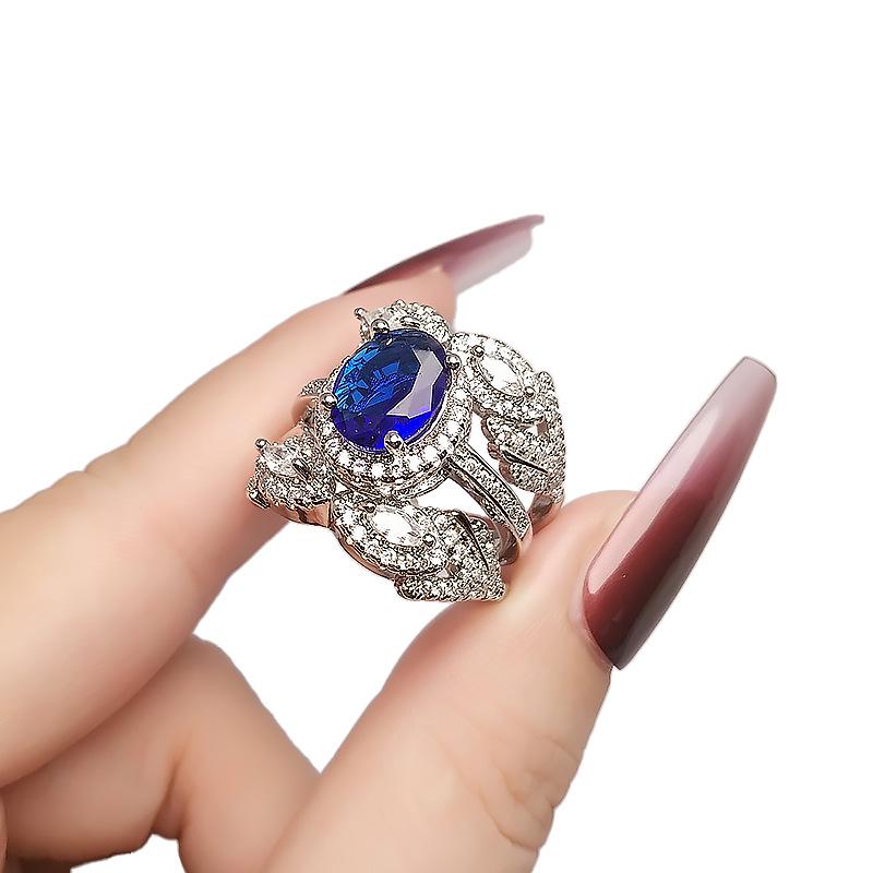 One Or Two Wearing Imitation Emerald Rings, Female Heavy Industry Luxury High-End Sense High Carbon Diamond Red Corundum Full Diamond Blue Stone Rings