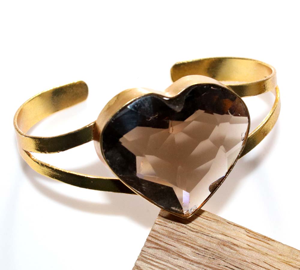 Huge Heart Smoky Topaz Golden Plated Bangle FreeSize Artist Made Jewelry D1l25