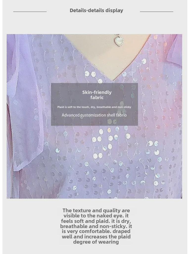 Women's Short Sleeve Sequined Chiffon V-Neck Shirt - Elegant, Fashionable, Loose Fit Top for Mature, Fairy-Inspired Summer Style