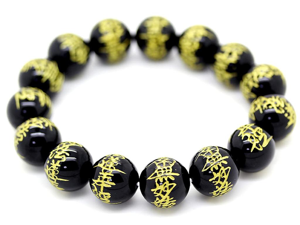Оникс 14 мм Золотой Резной Браслет из Буддийских Молитвенных Бусин Камень Силы Натуральный Камень [Сэкки] Нам-мёхо-рэнгэ-кё [b193_1]
