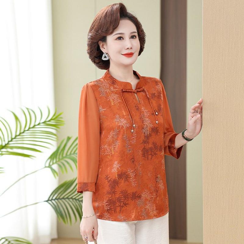 Летняя блузка с рукавами три четверти для мам, китайский темперамент, для женщин среднего и пожилого возраста, ретро-рубашка в стиле вестерн