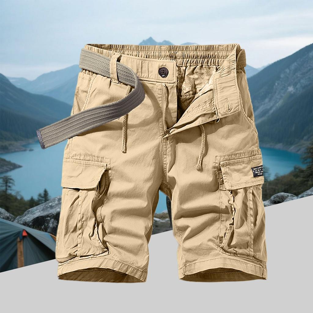 Men's Vintage Cotton Cargo Shorts - Multi-Pocket Zippered Elastic Waistband Pre-Washed Military