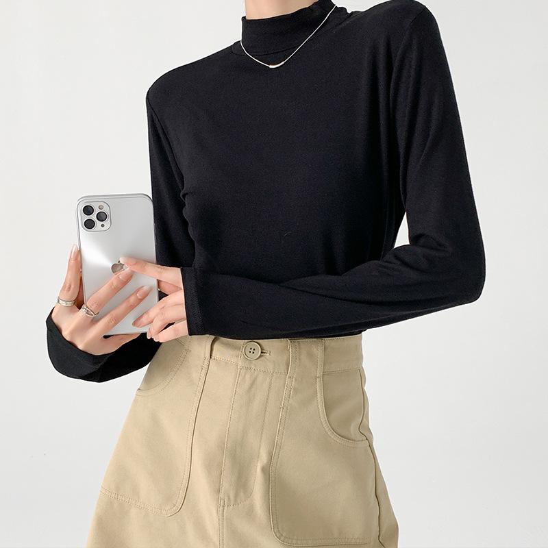 White Semi-turtleneck Bottoming Shirt Women's Springtime and Autumn New Loose Inner Slim Long-sleeved T-shirt Comfortable Top