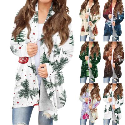 Женская мода, повседневный рождественский принт, кардиган средней длины, куртка, пальто