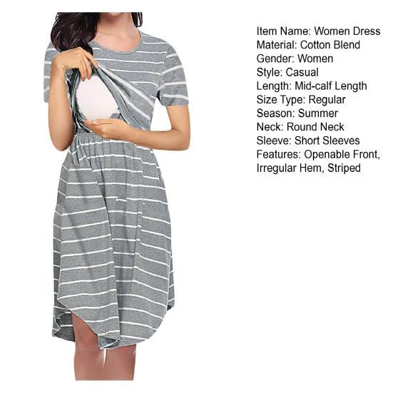 Summer Mother Breastfeeding Dress Openable Front Striped Round Neck Irregular Hem Short Sleeve Pregnant Women Nightdress Midi Dress