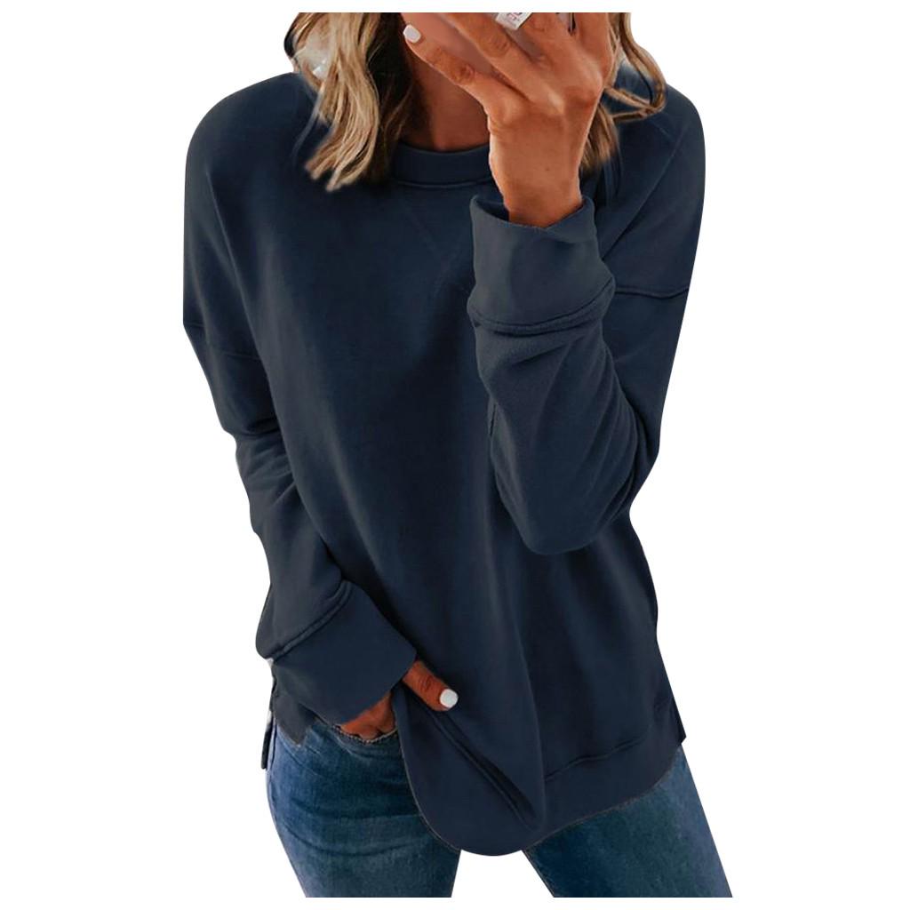 Woman's  Casual Fashion Long Sleeve Solid Color Round Collar Hoodie Tops