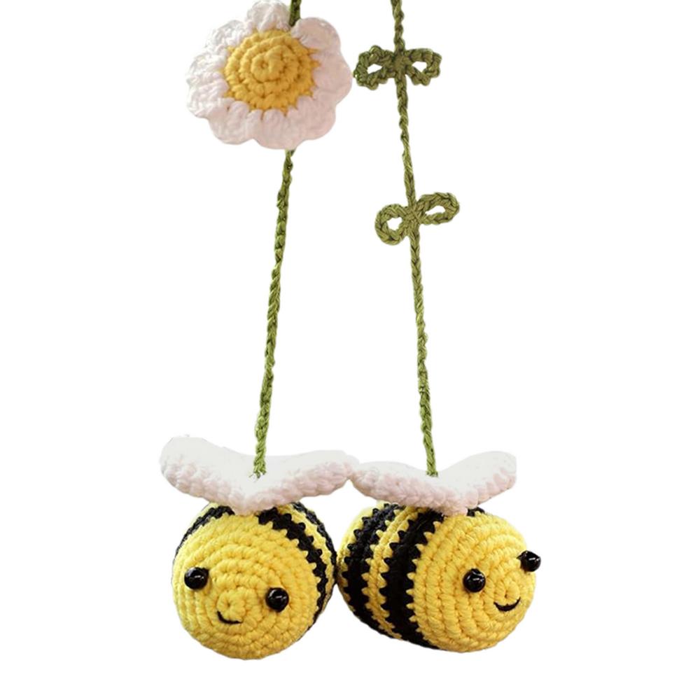 Knitted Bee Car Ornament Bee Handmade Crochet Car Ornament Woven Bee Rearview Glass Charm Car Accessories For Bee Lovers Decor