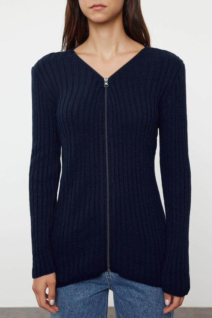 Женский модный стильный кардиган темно-синий базовый трикотаж в рубчик на молнии кардиган