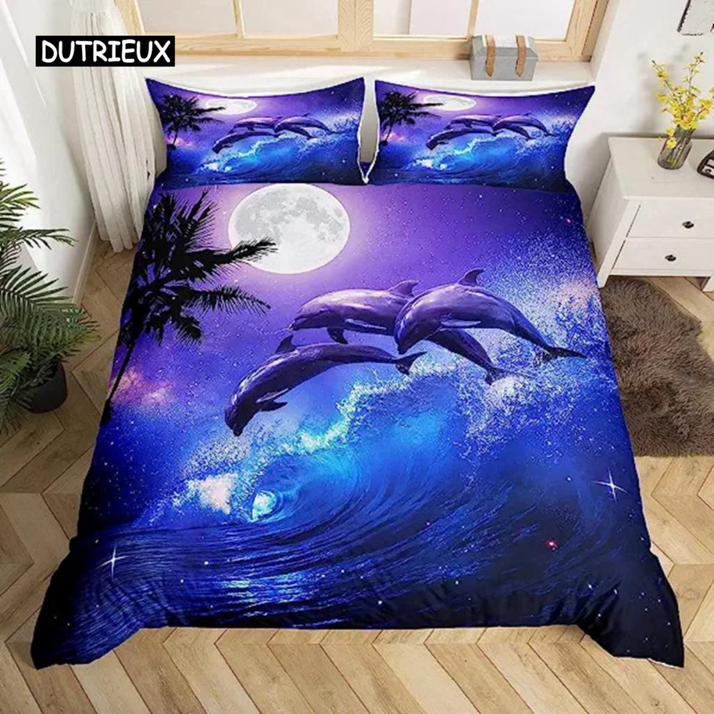 Пододеяльник Dolphin Seaworld Нежная ткань из микрофибры Морская черепаха Подводный мир Серый дельфин Океанский синий для декора Дети Мальчики Девочки Взрослые