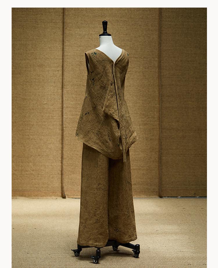 Осенний безрукавный топ из льна с пятнистой текстурой, вдохновленный оригами