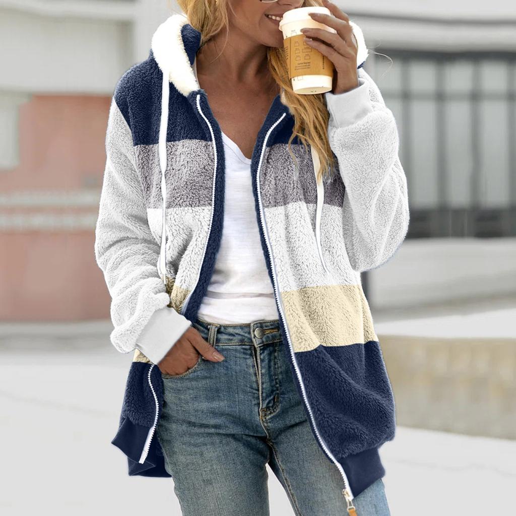 Women Color Block Fuzzy Fleece Hooded Jacket Full Zip Long Sleeve Plush Coat Casual Warm Outerwear S-5XL