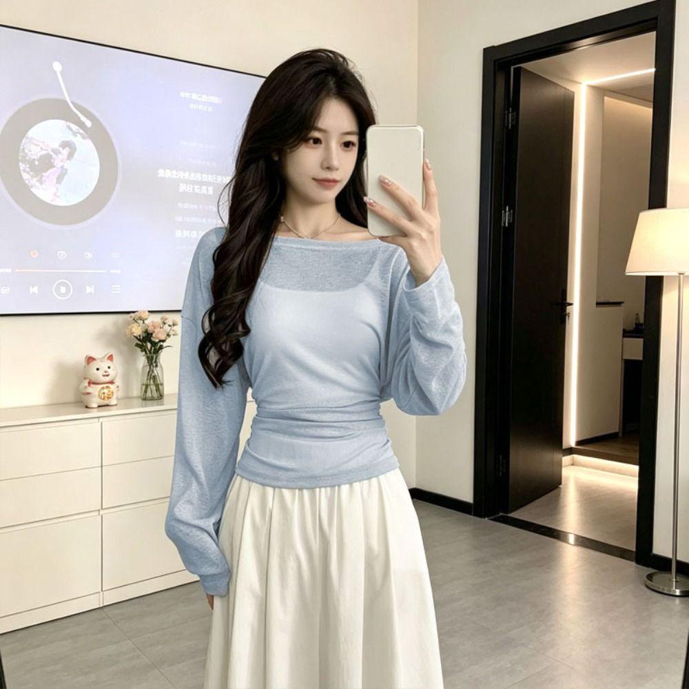 Sheer Long Sleeve T-Shirt Back Tied-up Oversize T-Shirt Waist-Cinching Top Women's Wear