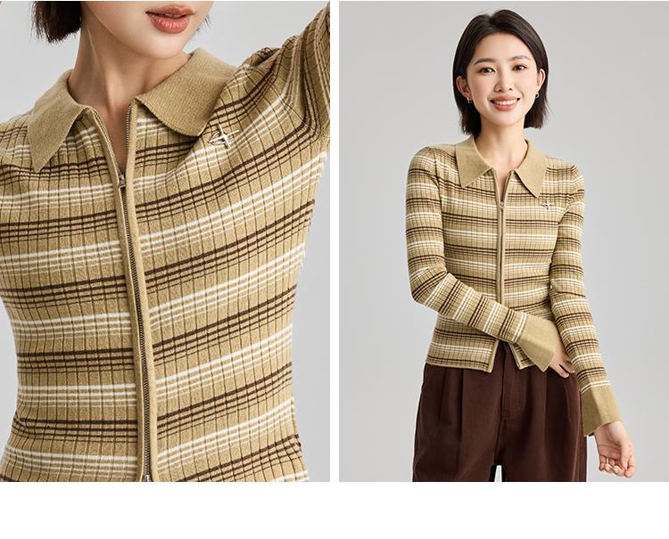 Double zipper striped lapel cardigan for women in spring 2026, with a slim fit and slimming temperament. Knitted sweater