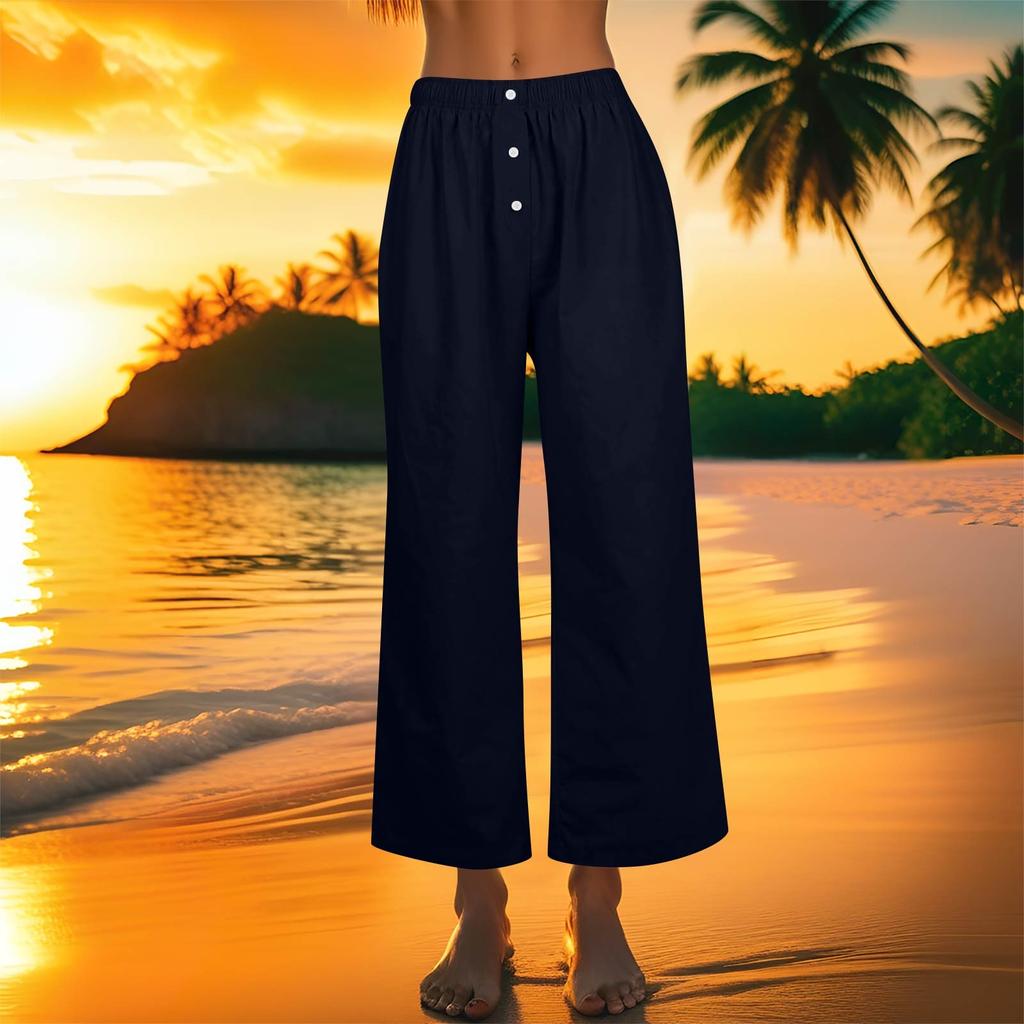 Women's Fashion Loose Casual With Button Elastic Waist Wide Leg Pants Casual Pants