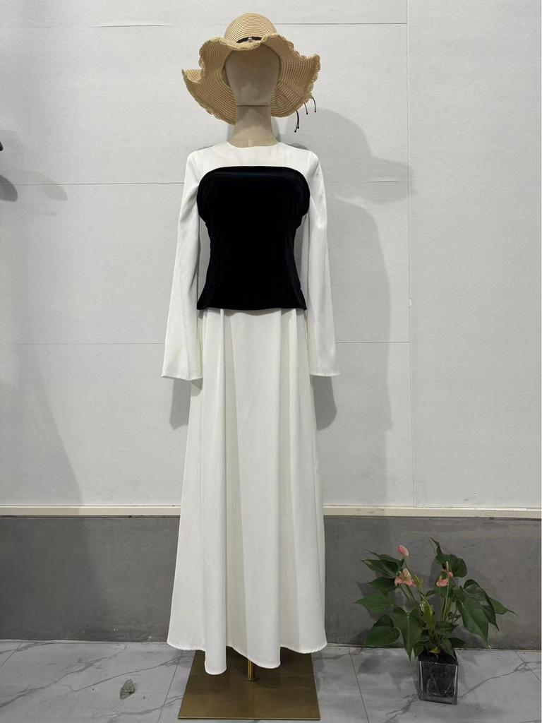 Осень 2023 Черно-белое лоскутное платье макси для светской львицы, стройнящее талию, для женщин