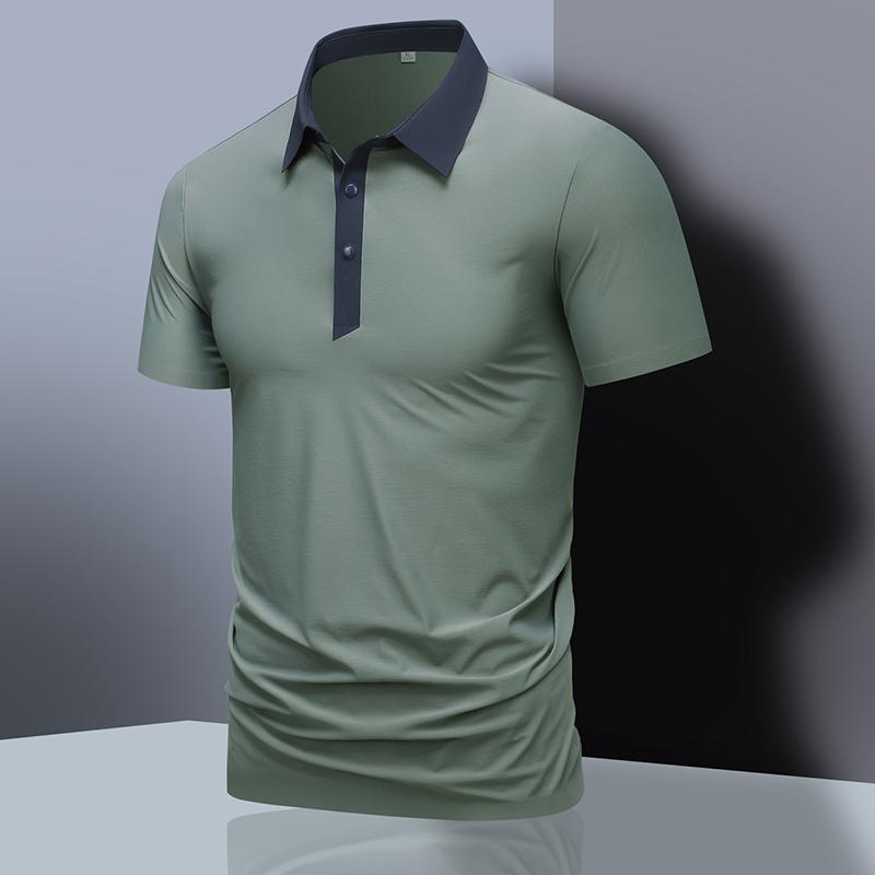 Men's Blue Color Contrast Dark Collar Short Sleeve Chiffon Business Polo Shirt
