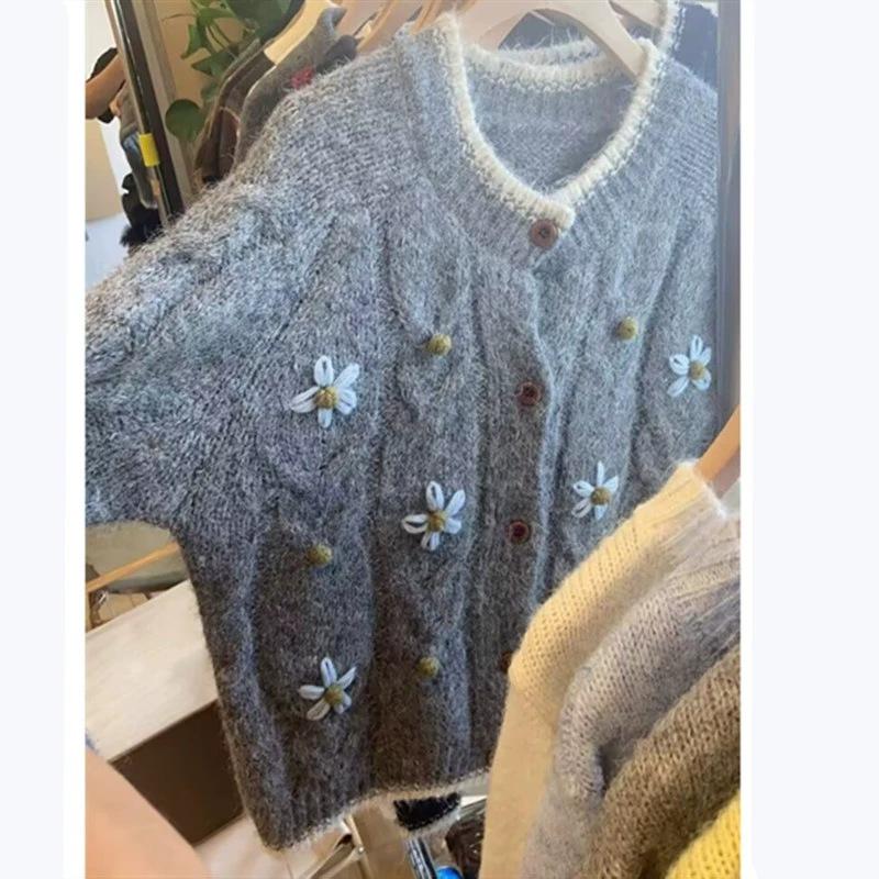 Autumn and Winter New Embroidered Sweater Jacket Loose and Gentle Knitted Cardigan Flower Round Neck Soft Waxy