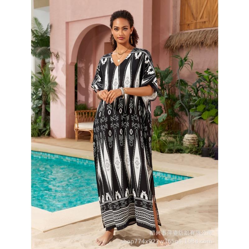 Плюс Размер Женский Пляжный Принт Длинное Платье Праздничный Солнцезащитный Купальник С Накидкой