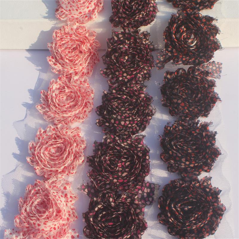 1y 2.5" Valentine's Day Printing Chiffon Shabby Flowers for DIY Making Baby Girls Romper Sandals Dress Hair Accessories