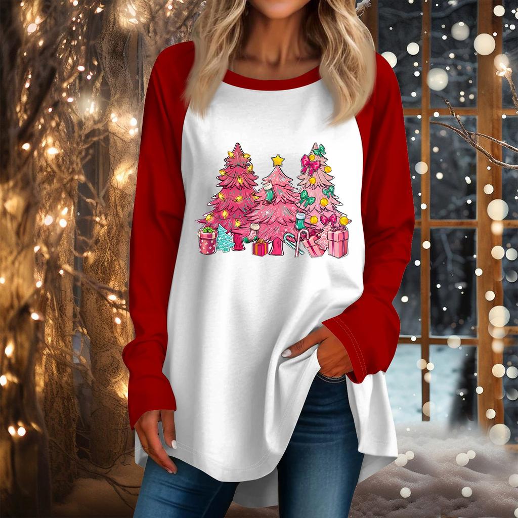 Женская повседневная футболка больших размеров с длинными рукавами и круглым вырезом с рождественским принтом, топ, пуловер