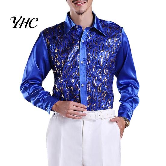 Sequin Embellished Men Shirt Luxury Sequins Performance Lapel Long Sleeve Single-Breasted Lightweight Wedding Stage Slim Fit Formal Casual Tops