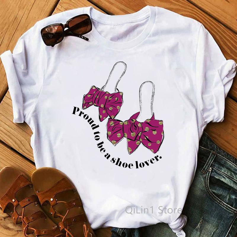 New Women's T-Shirt Pink High Heel Top Female T Shirts Lady Luxury Make Up Paris Style Shirt Harajuku Summer Tops Short Clothes