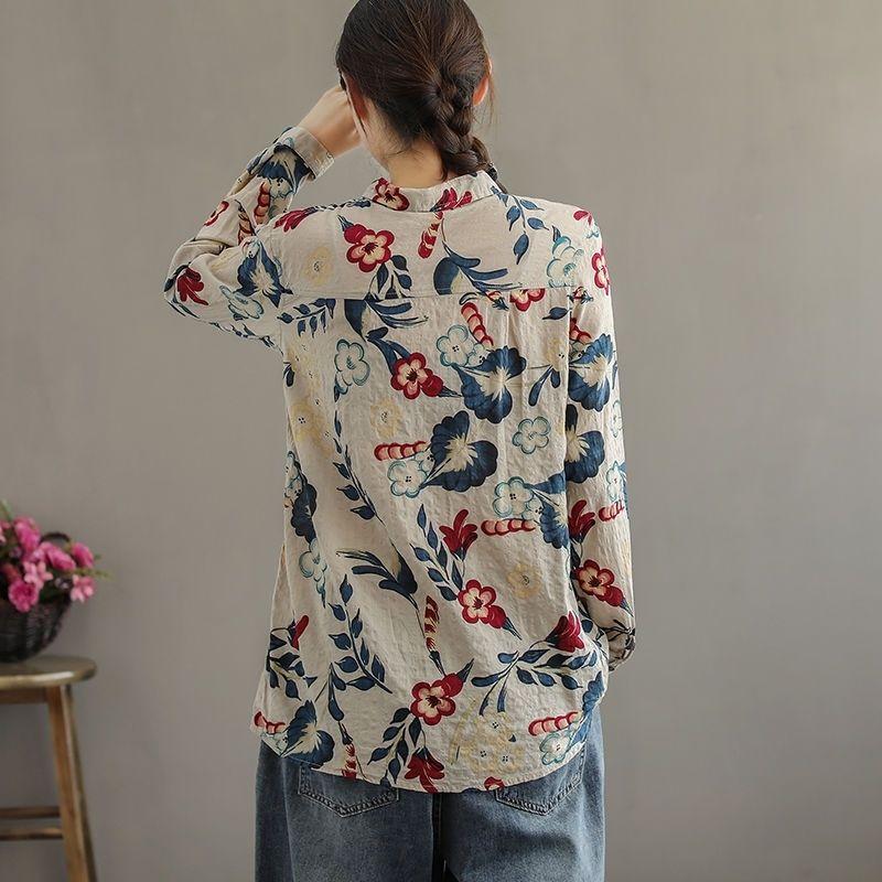 Cotton Linen Printed Floral Long Sleeved Shirt for Women Loose Slimming In Spring Autumn Retro Artistic Hong Kong Style Shirt Trendy Collar