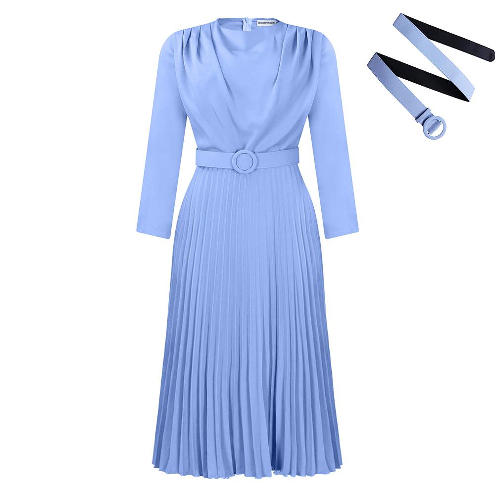 Women's Dress Spring and Autumn Temperament Elegant Pressed Pleated Commuter OL Solid Colour Plus Size Dresses