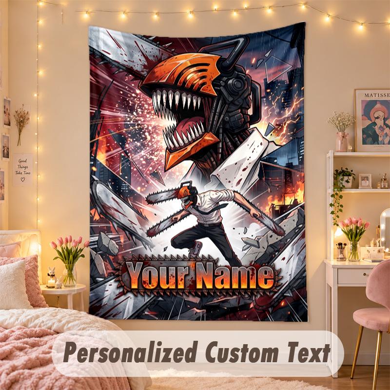 Custom Personalized Tapestry,Chainsaw Man Print Custom Name Text Wall Art Hanging for Bedroom