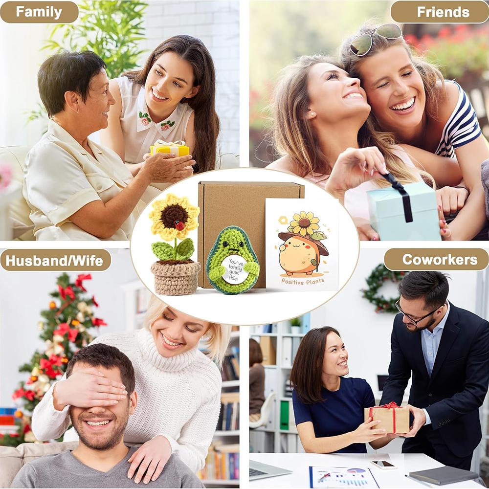 Handmade Knitted Emotional Support Avocado Doll With Card and Sunflower Pot Home Room Decoration Crochet Avocado Christmas Gifts