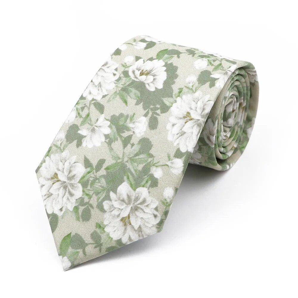 Floral Tie, For Men Women, 100% Cotton, Elegant Flower Necktie, White, Blue, Narrow Skinny, Wedding, Party