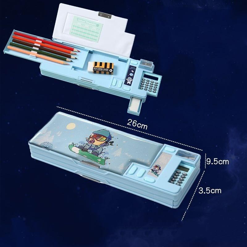 Creative Multi-functional Plastic Stationery Box with Calculator Double-sided Magnetic Creative Pencil Case for School Students