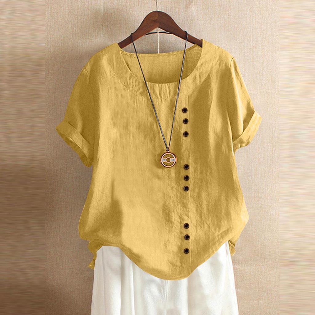 Women's Fashion Casual Solid Color Round Neck Short Sleeve Cotton Linen T-Shirt Top