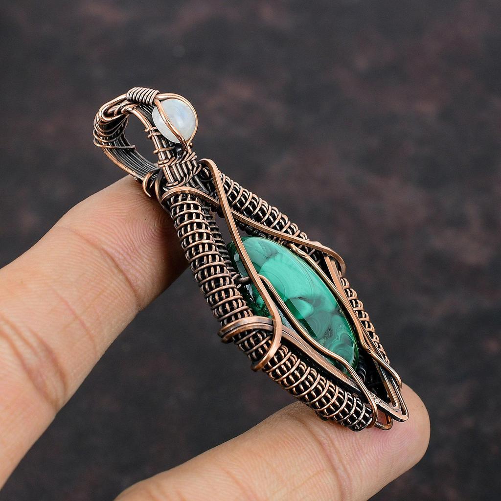 Малахитовый кулон, обернутый медной проволокой, кулон из радужного лунного камня, украшения из драгоценных камней, кулон ручной работы, обернутый проволокой, дизайнерские медные украшения для мамы